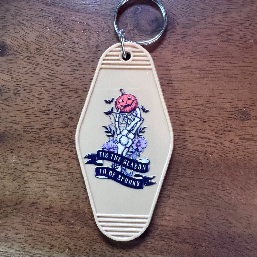 3/$9 Spooky Motel Keychain – Retro Coffin Tag | Pumpkin Skeleton | Halloween